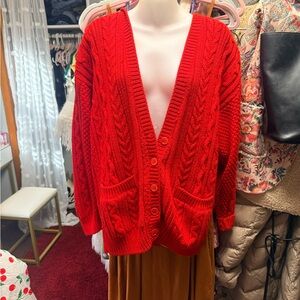 Vibrant Red Cable Knit Cardigan